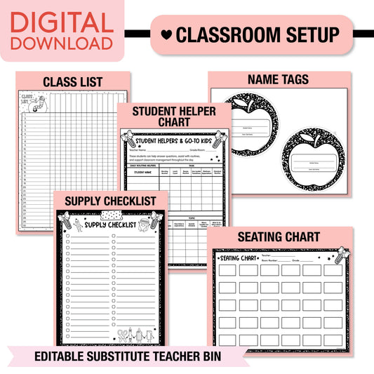 Printable Pastel Editable Substitute Teacher Bin and Forms