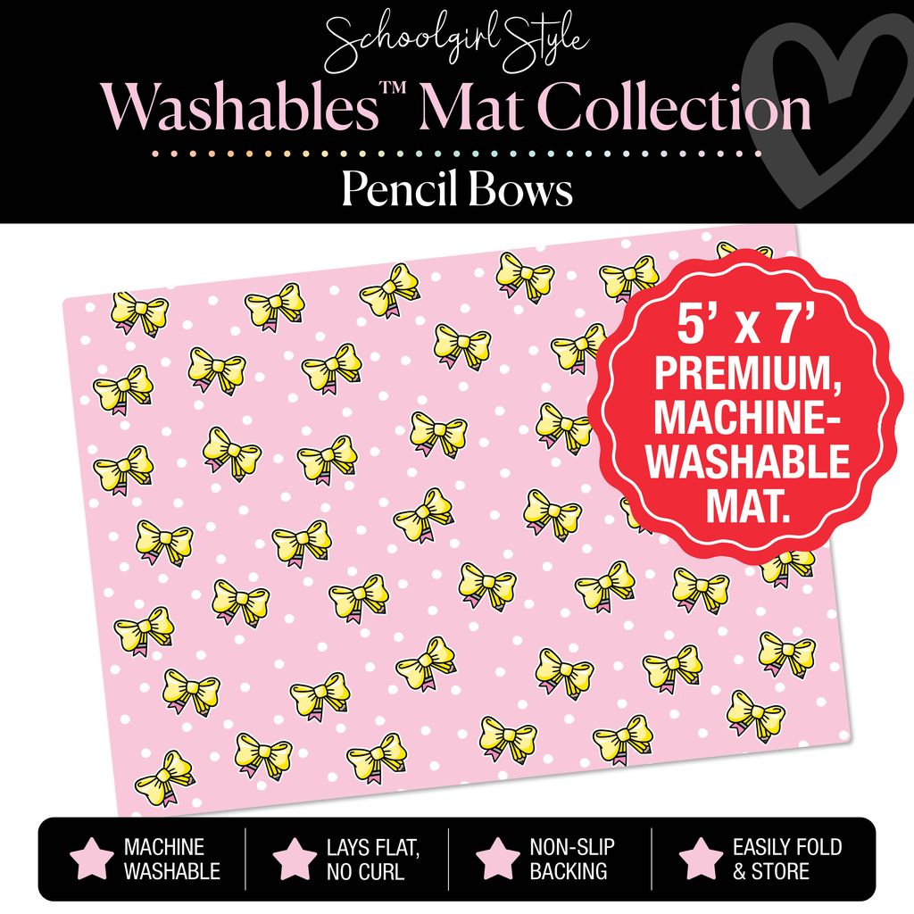 Pencil Bows on Pink Background Classroom Mat by Schoolgirl Style