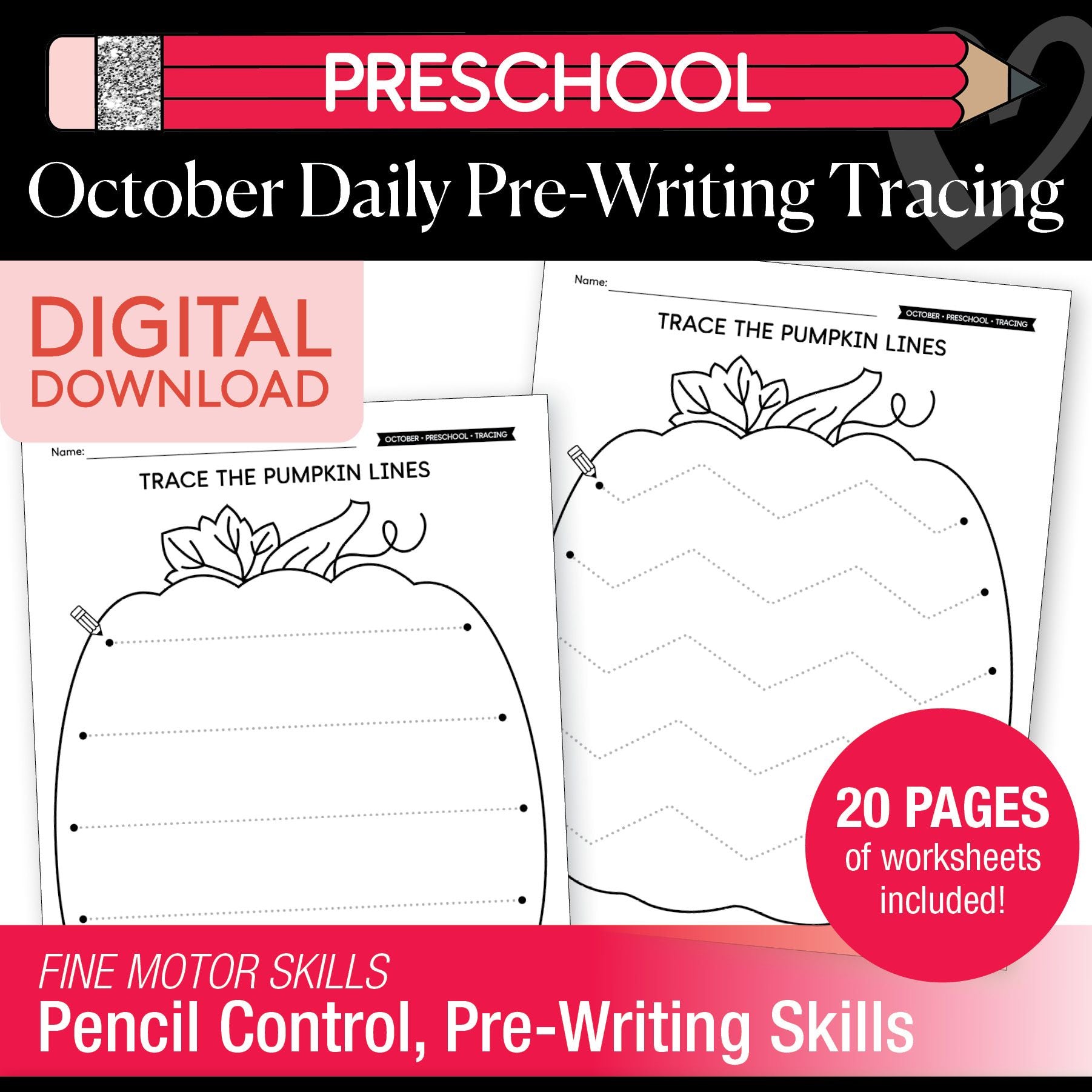 Printable Preschool October Pre-Writing Tracing Worksheets
