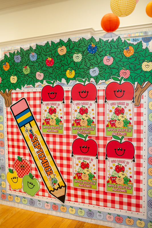 fall bulletin board set with a giant pencil that says september and apple amazing work. 