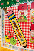 Load image into Gallery viewer, A close-up of a colorful school-themed bulletin board or classroom display featuring a large yellow pencil with 'SEPTEMBER' written on it, red apple graphics, smiling apples, and a red-and-white gingham background.
