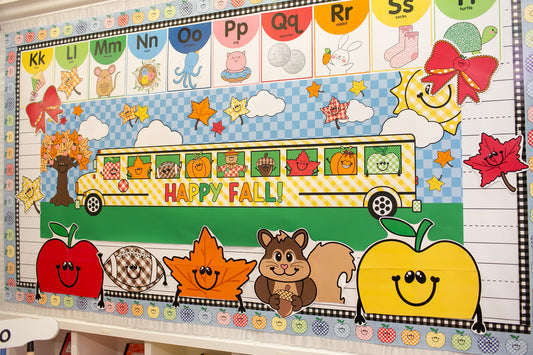 fall giant cutout toppers for the classroom.  Apples, football, leaf, and a squirrel.  