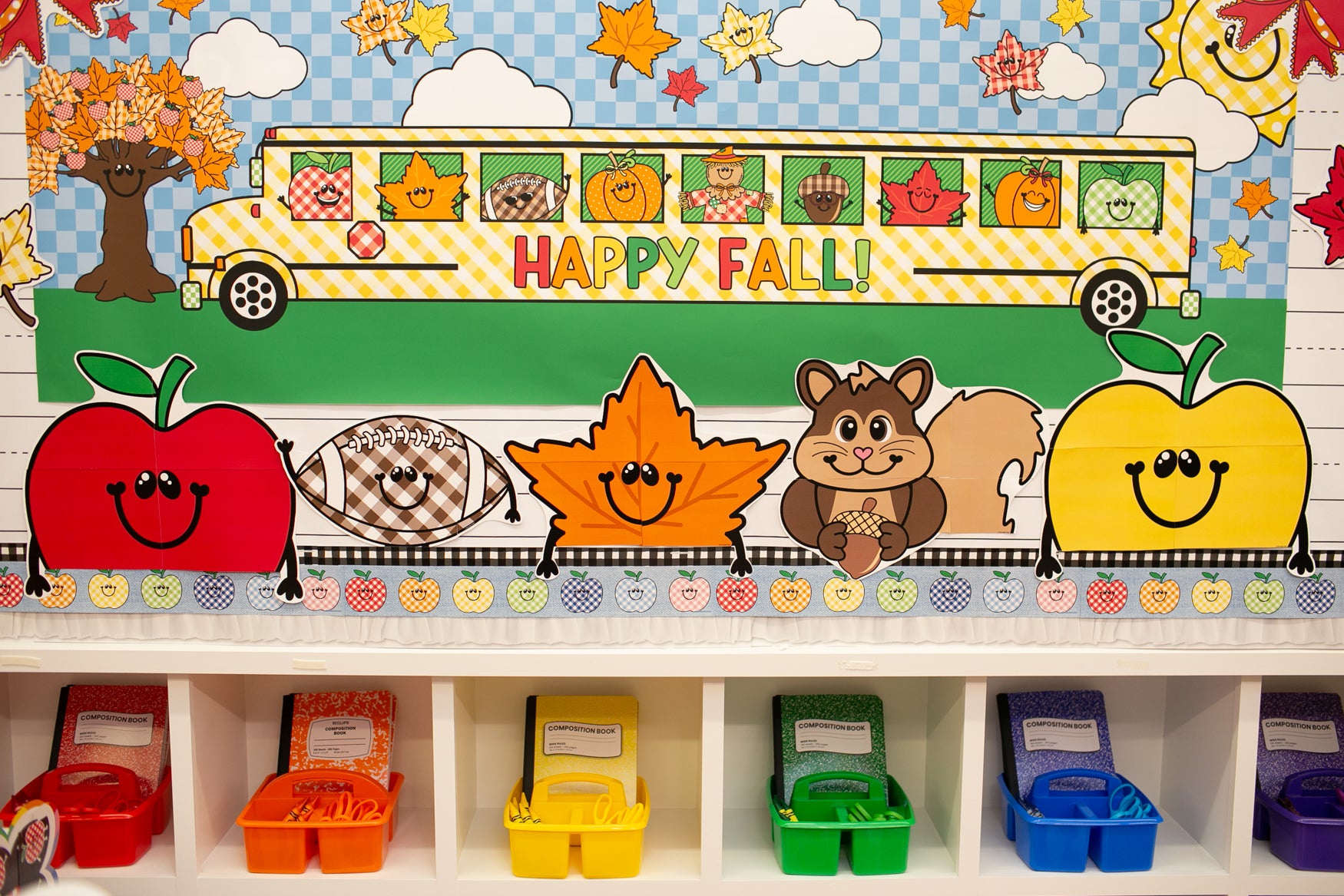 fall giant cutout toppers for the classroom.  Apples, football, leaf, and a squirrel.  