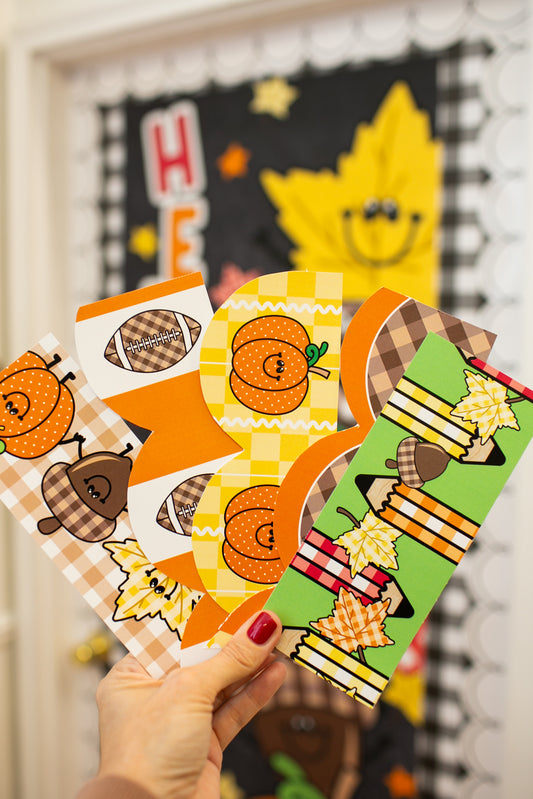 printable fall classroom borders with pumpkins, acorns, footballs, ginghams, and pencils. 