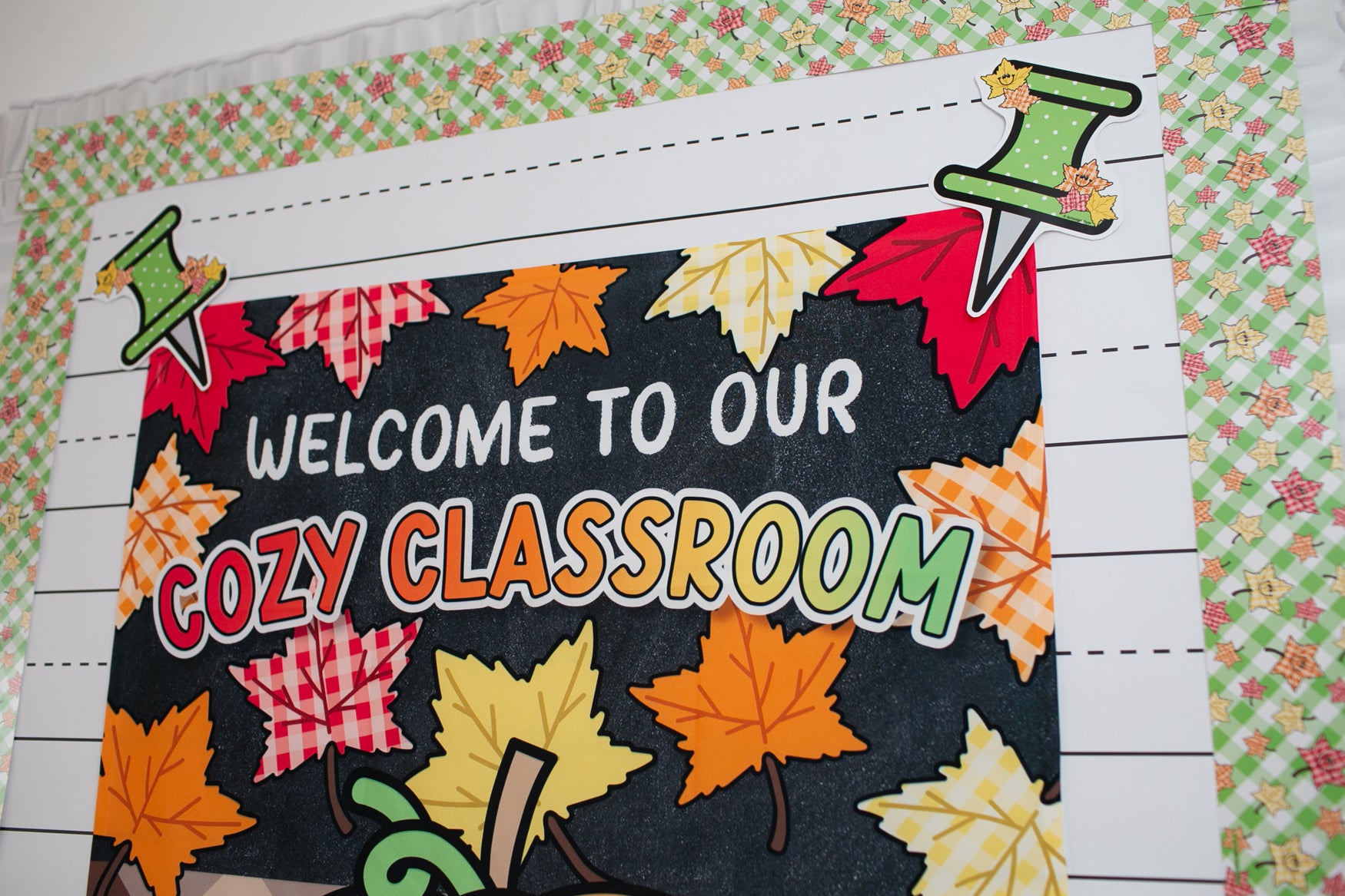 welcome to our cozy classroom tapestry with a pumpkin with glasses and leaves and fall inspired school supplies. 
