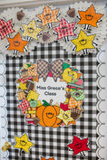 Load image into Gallery viewer, A fall-themed classroom bulletin board display featuring a black and white gingham background, a central wreath with pumpkins, acorns, bows, and autumn decorations, and the text 'Miss Greco's Class.' Decorative paper maple leaves and acorns hang around the top and bottom. Editable printable classroom decor wreath. 
