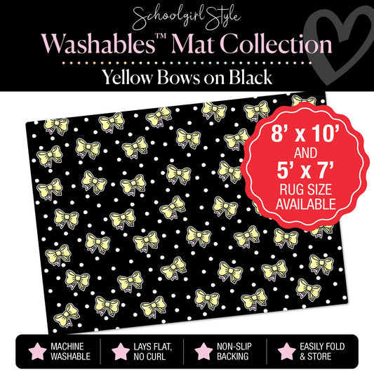 Pencil Bows on Black Polka Dot Background Classroom Mat by Schoolgirl Style