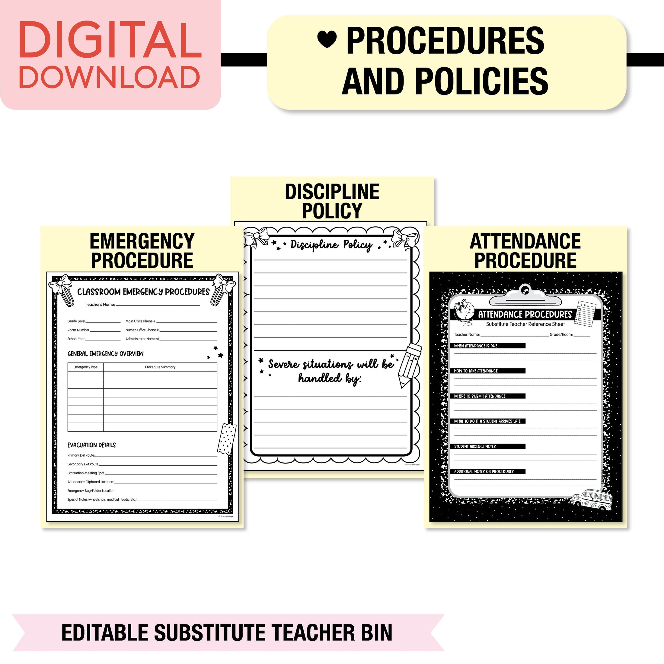 Printable Pastel Editable Substitute Teacher Bin and Forms