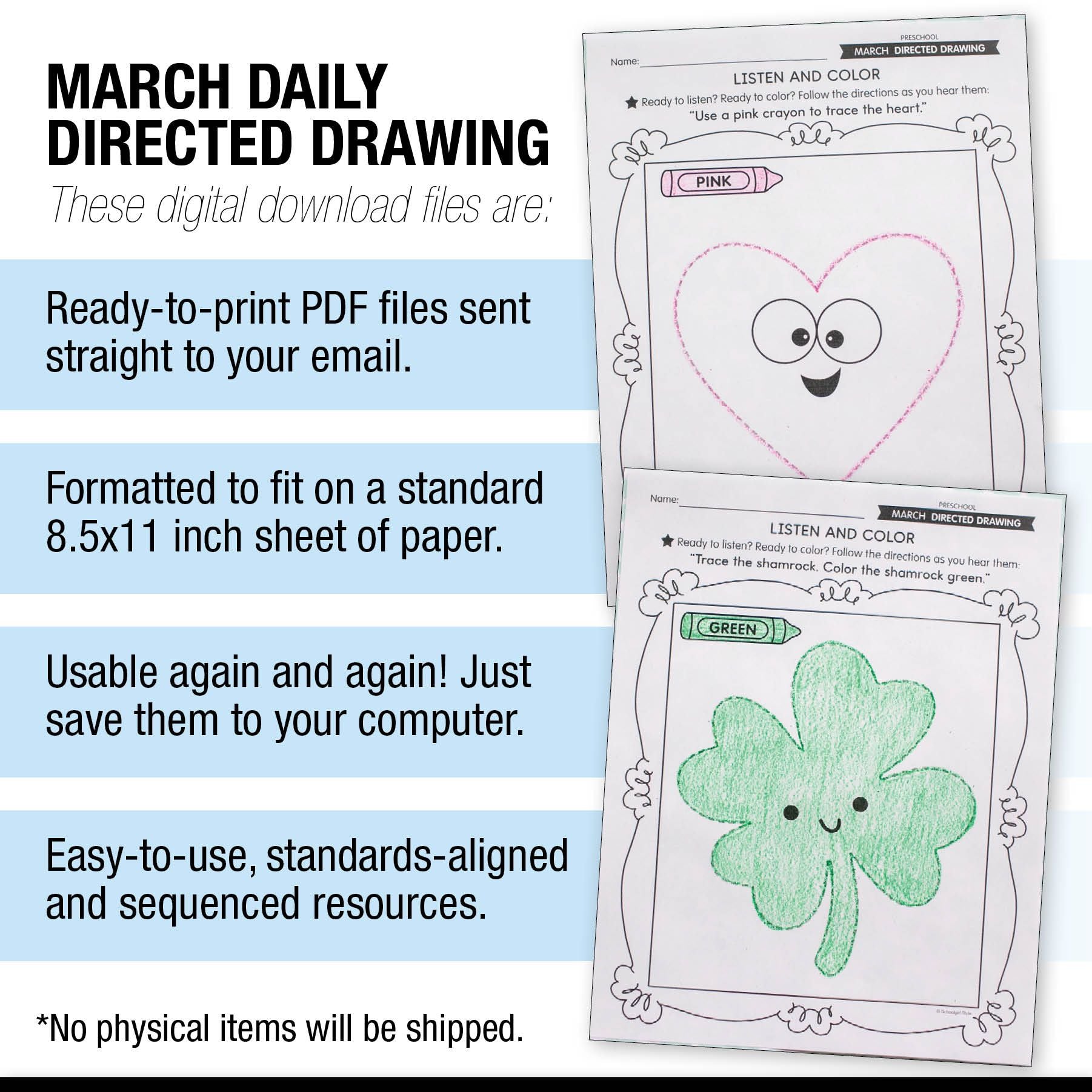 Printable Preschool March Directed Drawing Worksheets