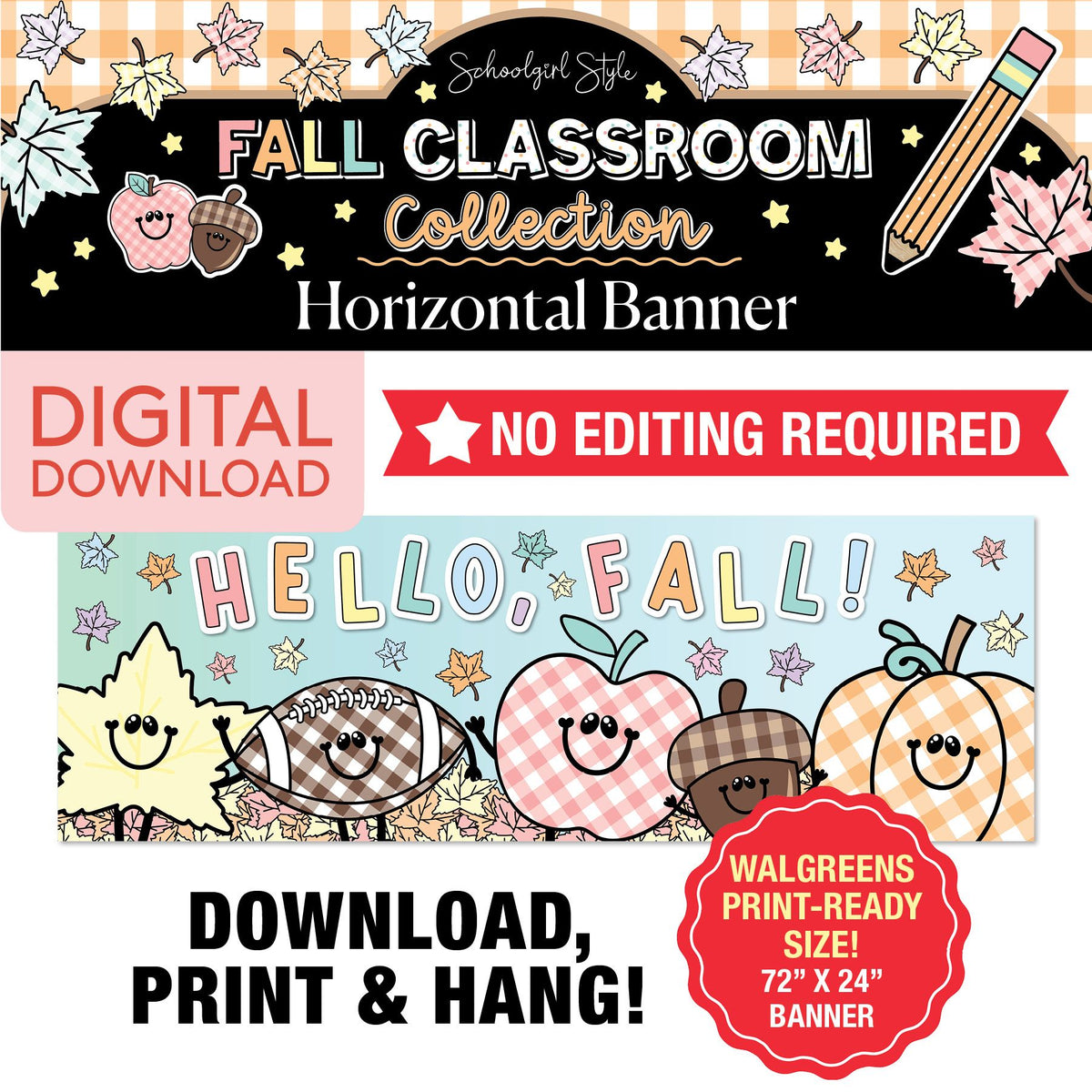 Printable Pastel Hello Fall Horizontal Walgreens Ready Kraft Style Banner