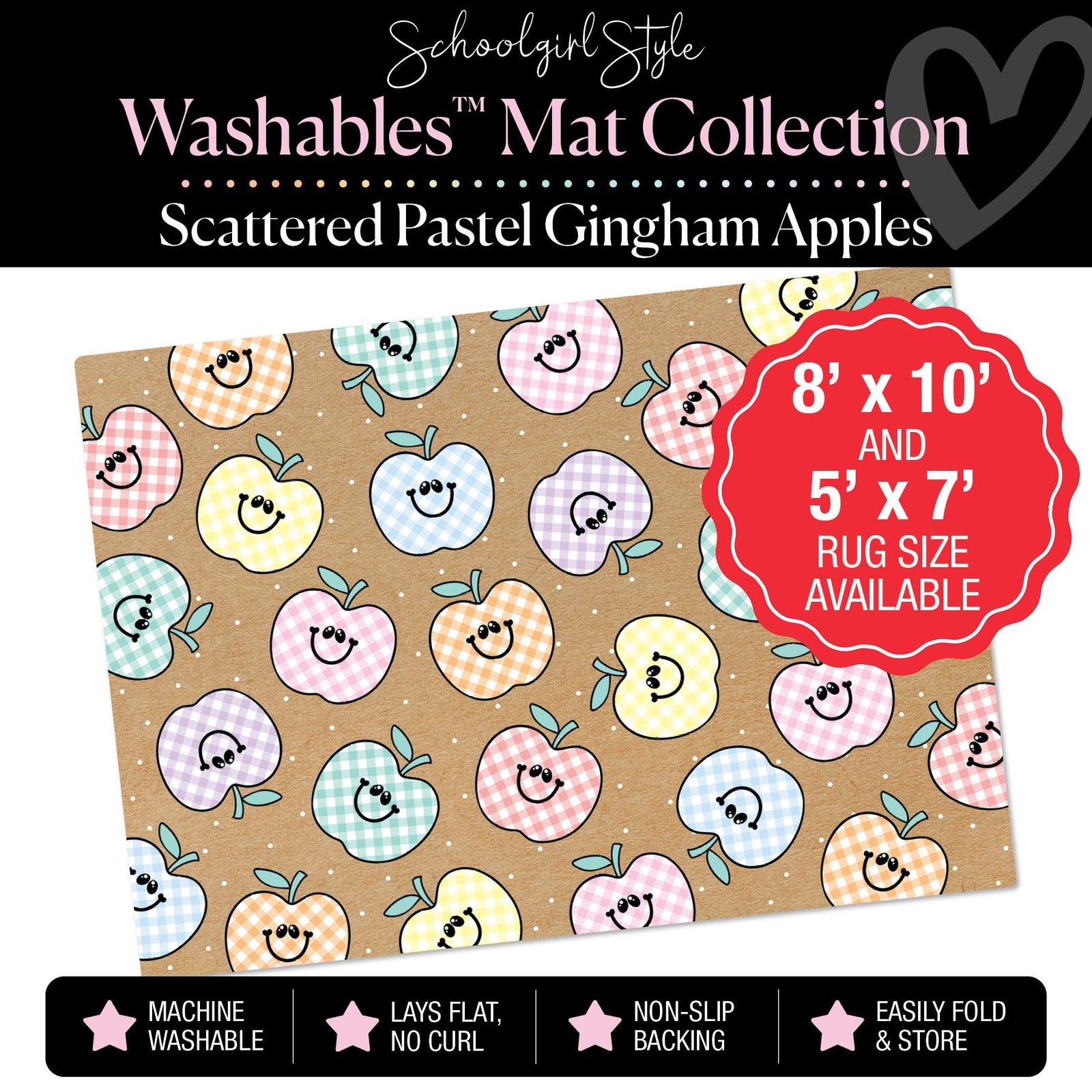 Scattered Pastel Gingham Apples on Banner Backdrop Classroom Mat by Schoolgirl Style
