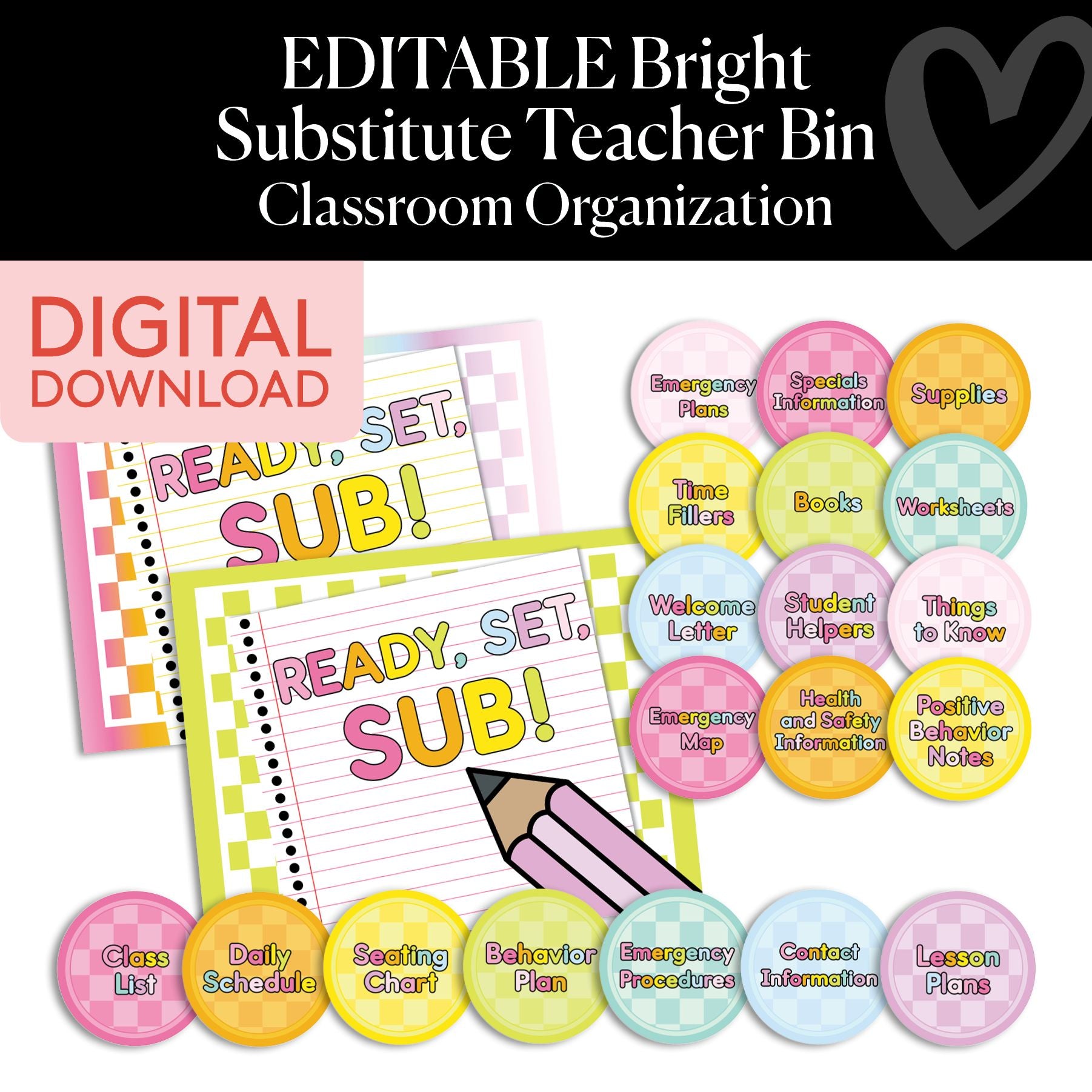 Printable Bright Editable Substitute Teacher Bin