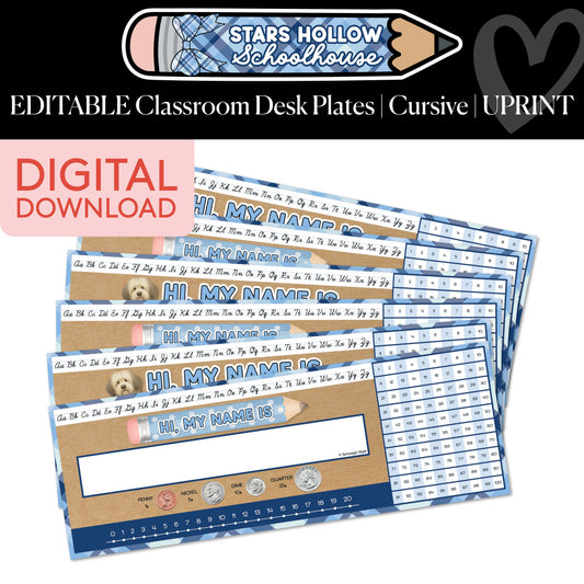 Printable Cozy Editable Cursive Classroom Desk Plates | Stars Hollow Schoolhouse