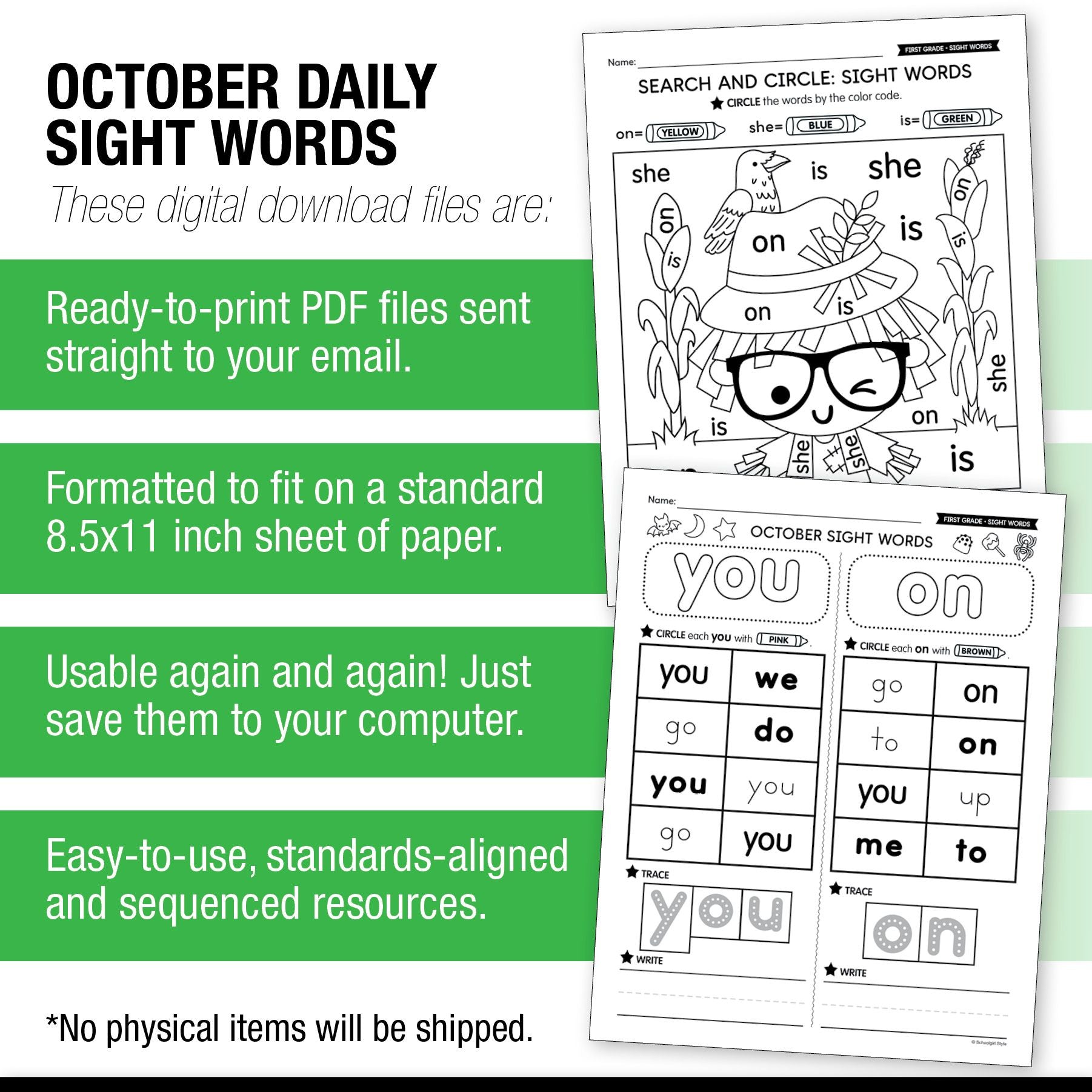 Printable First Grade October Daily Sight Words Worksheets