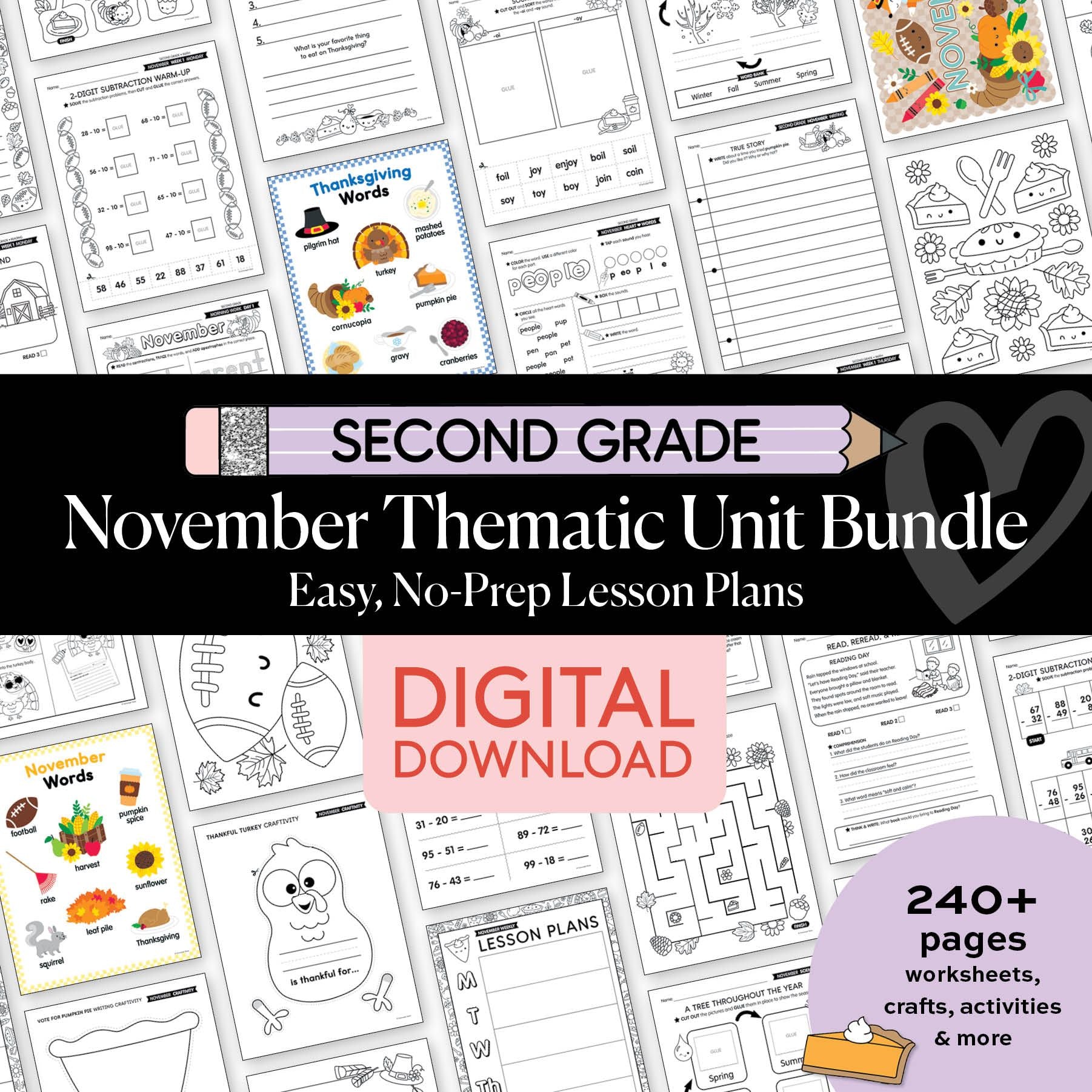 Printable Second Grade November Thematic Unit Bundle
