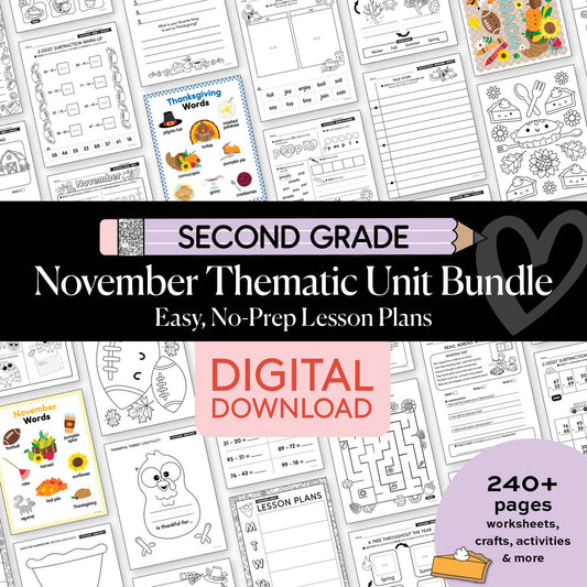 Printable Second Grade November Thematic Unit Bundle