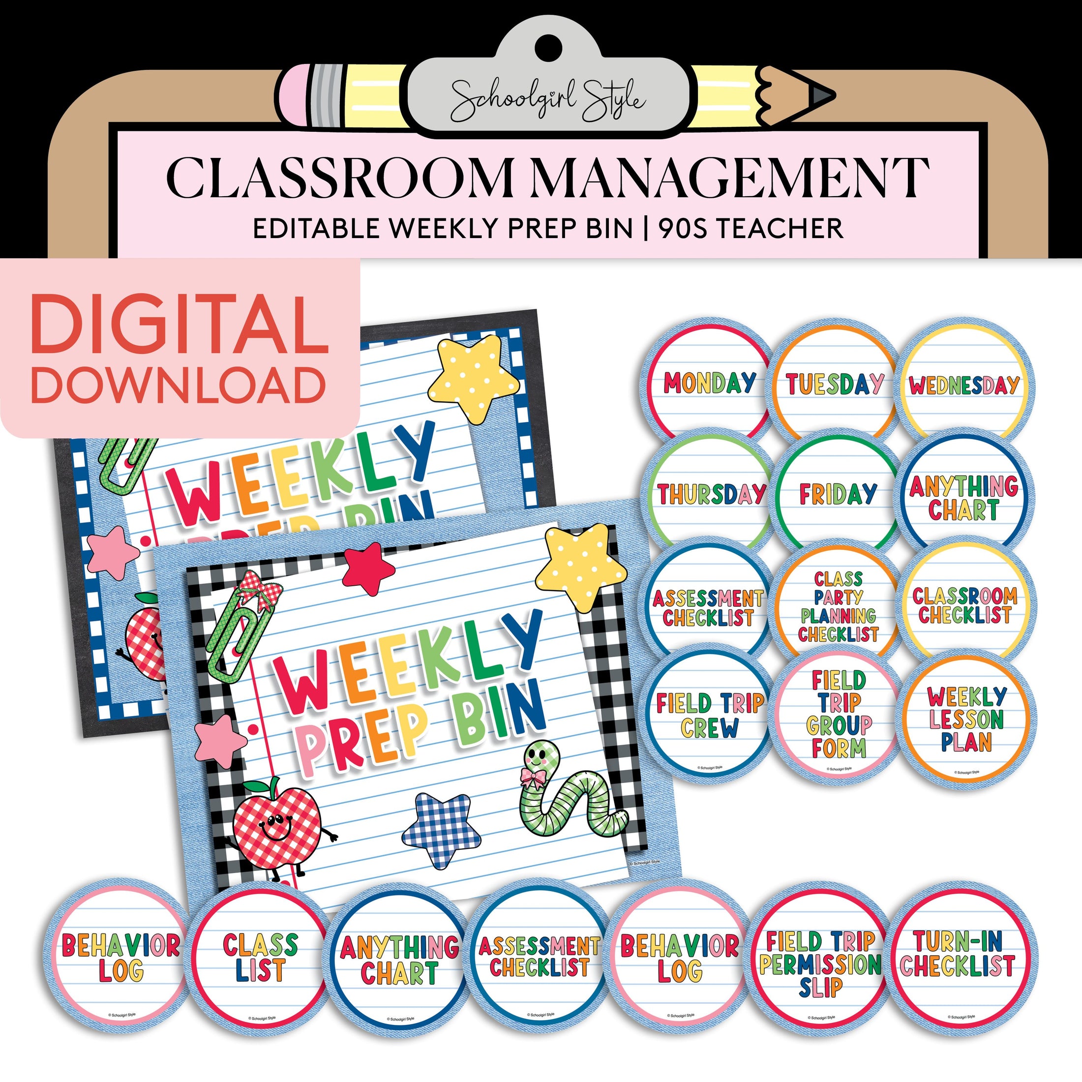 Printable Editable Weekly Prep Bin | 90s Teacher