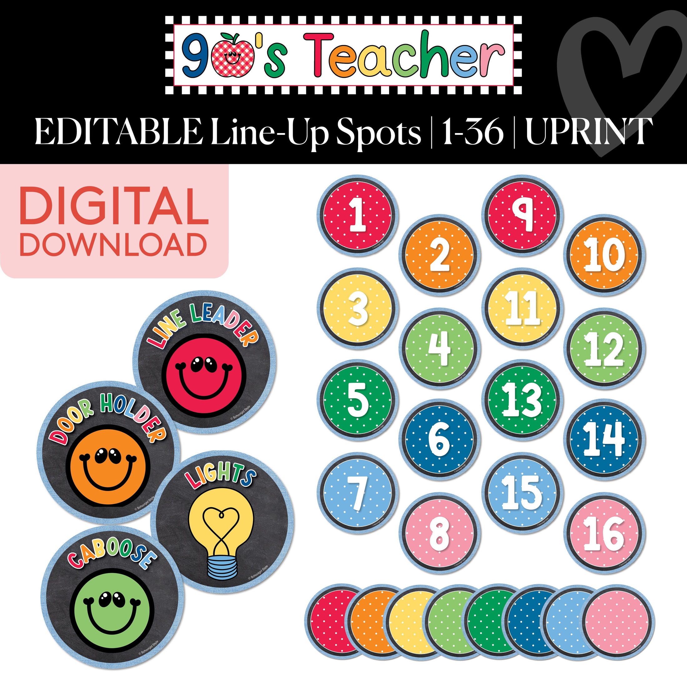 Printable Retro Editable Line Up Spots 1-36 | 90s Teacher