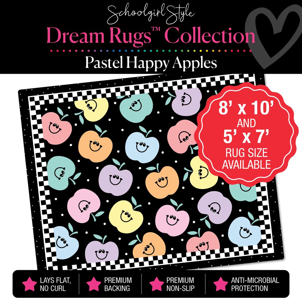 Happy Pastel Apples with Checkerboard Border Classroom Rug by Schoolgirl Style