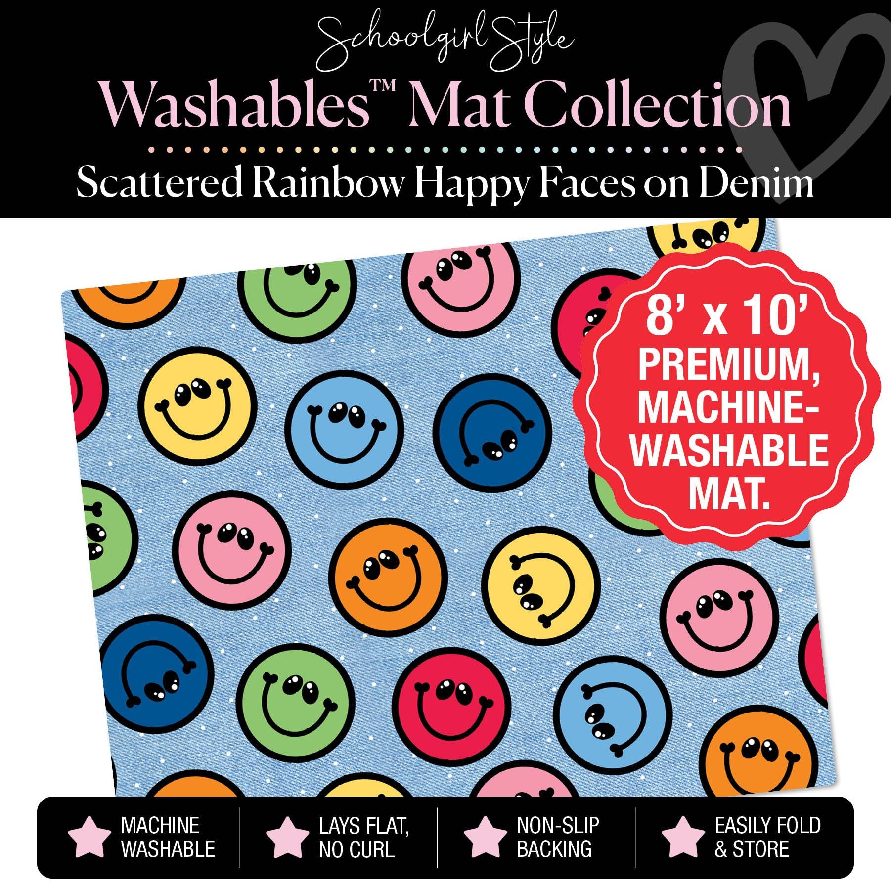 Scattered Rainbow Happy Faces on Denim Classroom Mat by Schoolgirl Style