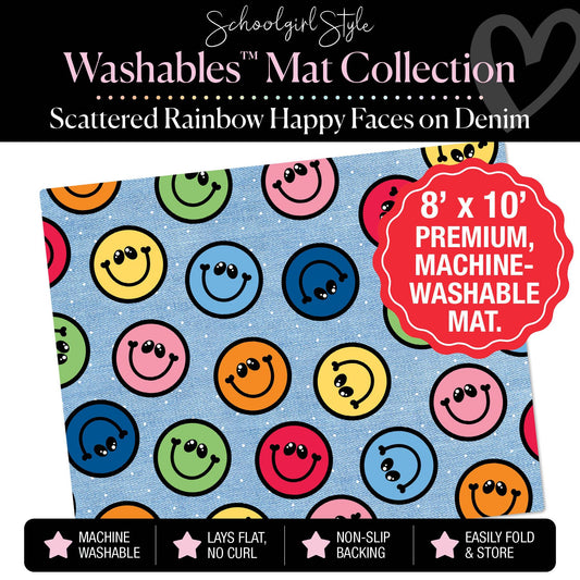 Scattered Rainbow Happy Faces on Denim Classroom Mat by Schoolgirl Style