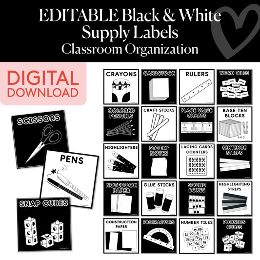 Printable Editable Black and White Classroom Supply Labels