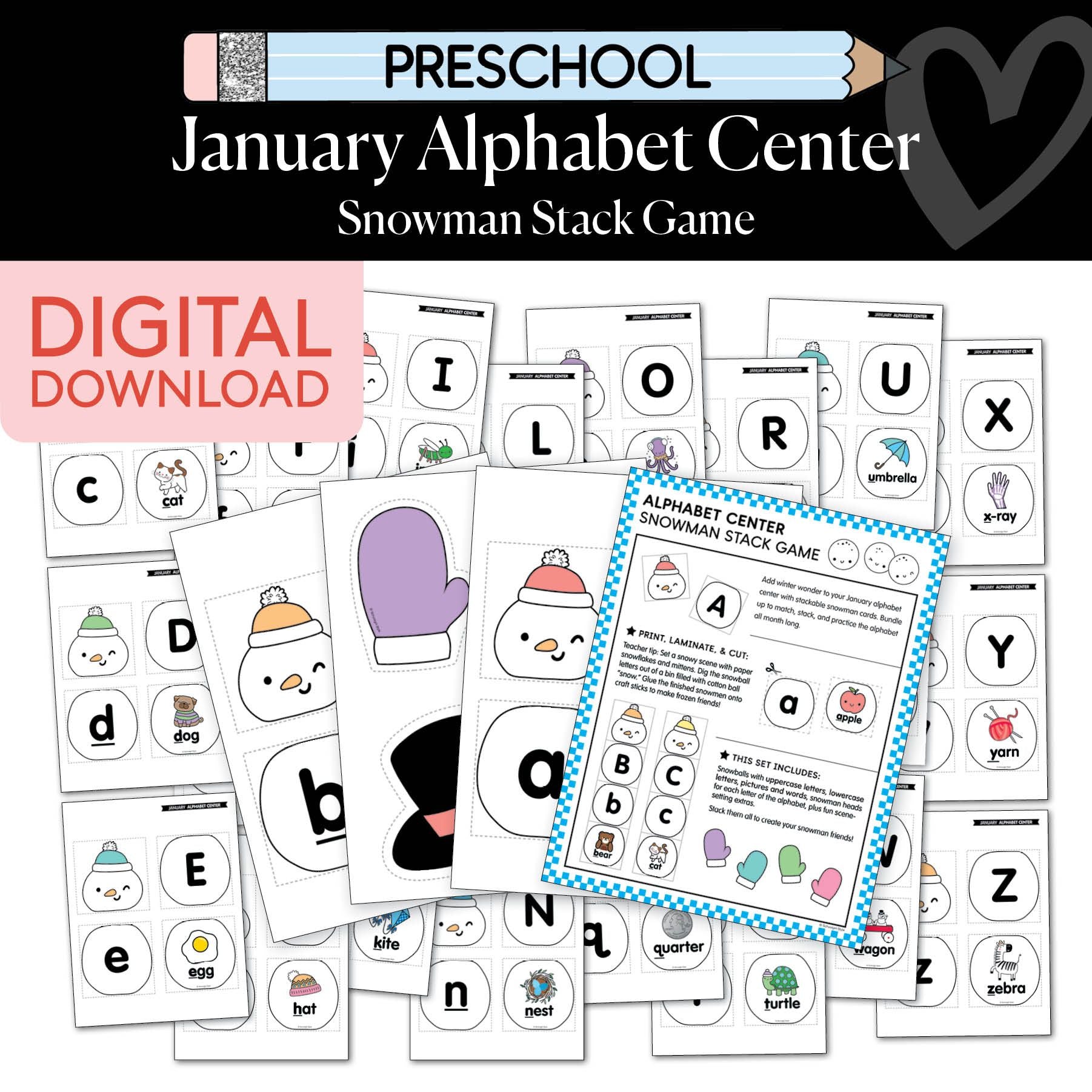 Printable Preschool January Alphabet Center Snowman Stack Game