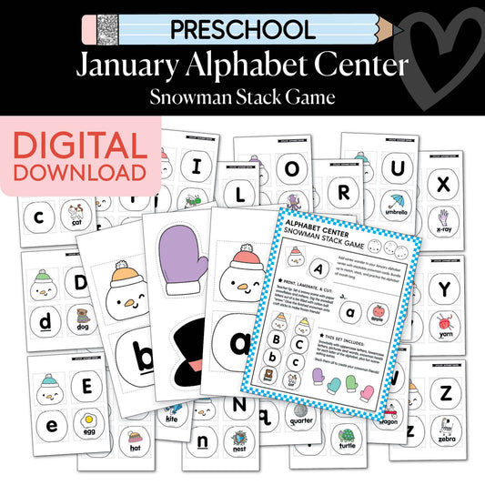 Printable Preschool January Alphabet Center Snowman Stack Game
