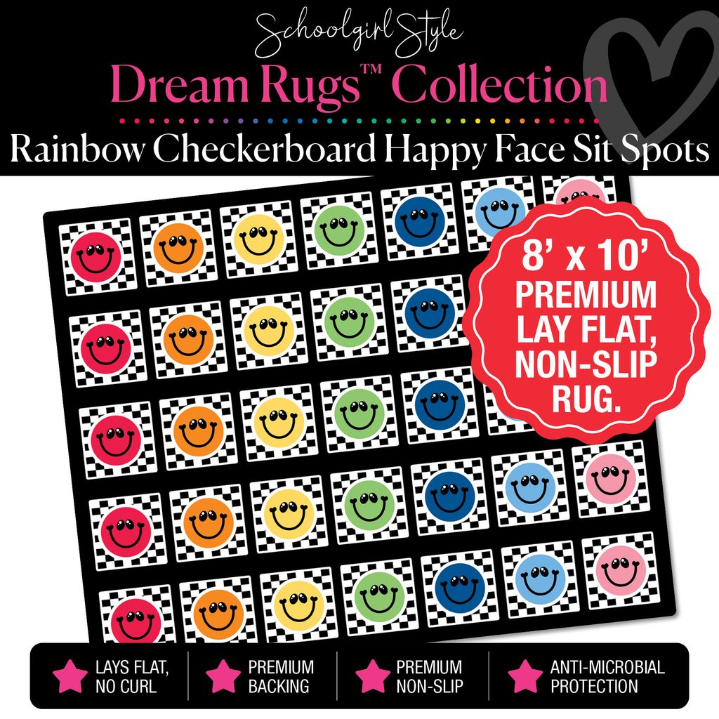 Rainbow Happy Faces on Checkerboard Background Squares Sit Spot Classroom Rug by Schoolgirl Style