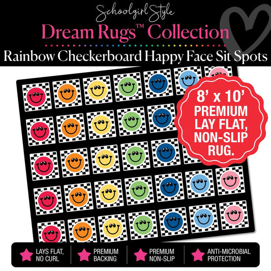 Rainbow Happy Faces on Checkerboard Background Squares Sit Spot Classroom Rug by Schoolgirl Style