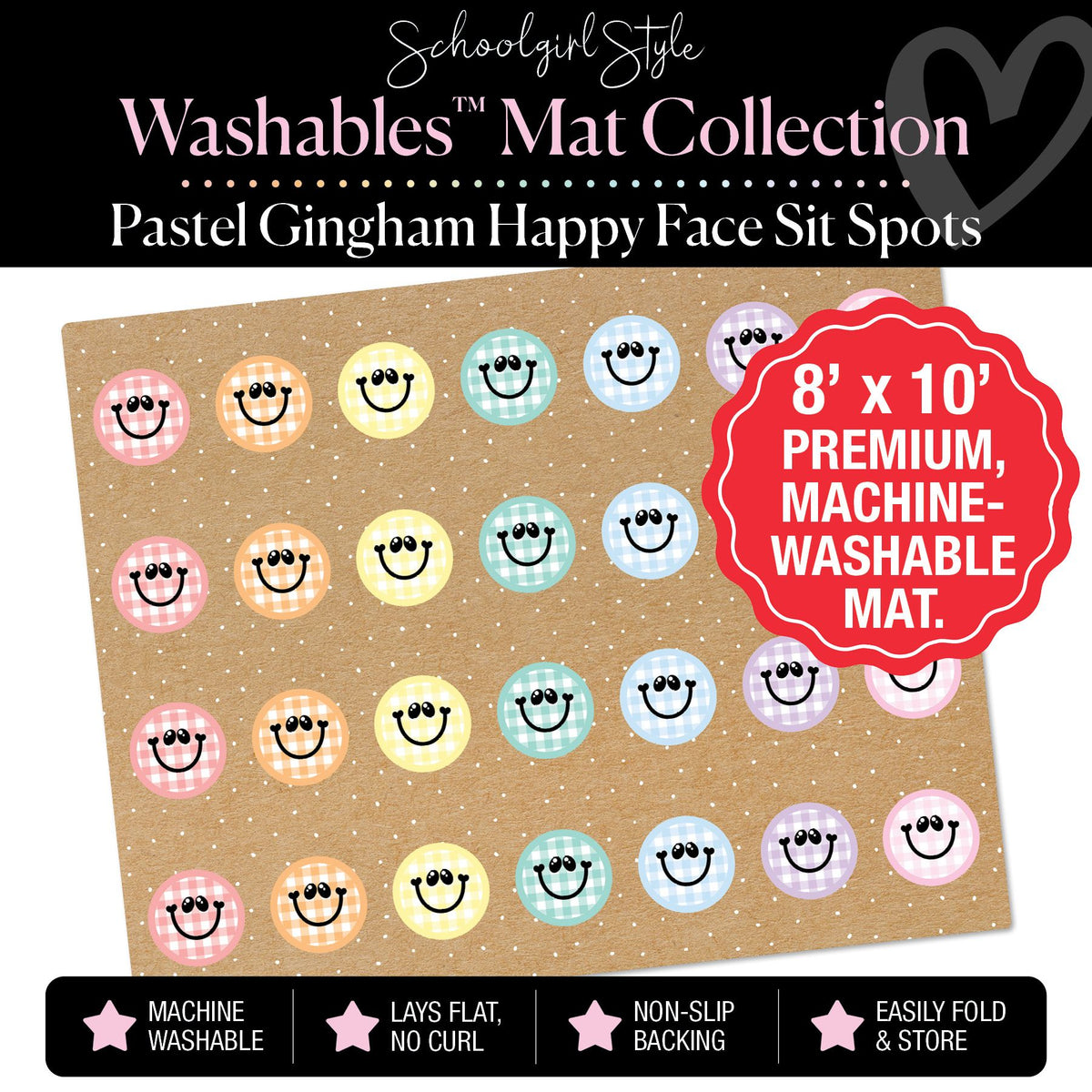 Pastel Gingham Happy Faces Sit Spot on Banner Backdrop Washable Classroom Rug by Schoolgirl Style