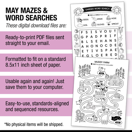 Printable May Mazes and Word Searches