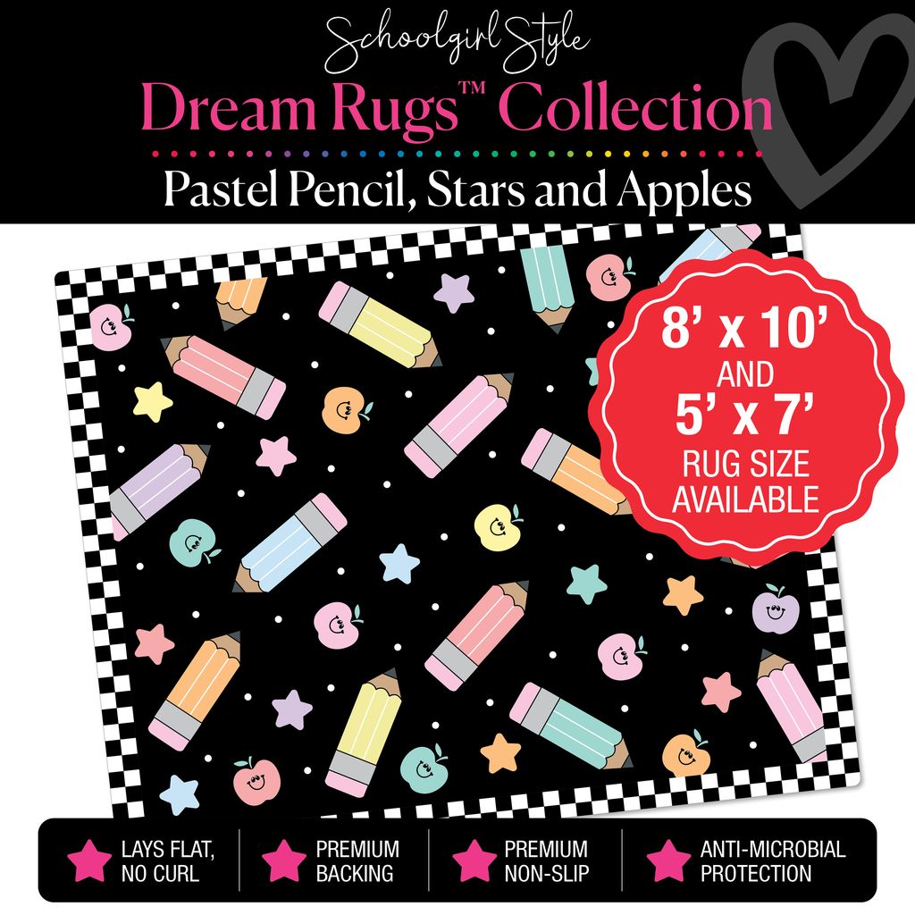 Pastel Scattered Pencils, Happy Apples and Rainbow Stars Checkerboard Border on Black Background Classroom Rug by Schoolgirl Style