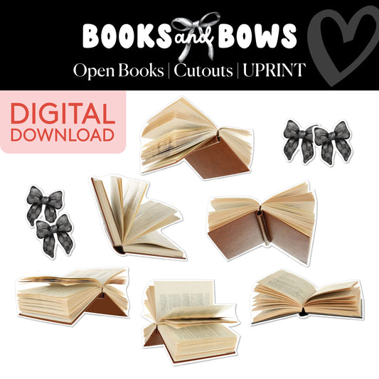 Printable Black and White Open Books Bulletin Board Cutouts | Books and Bows