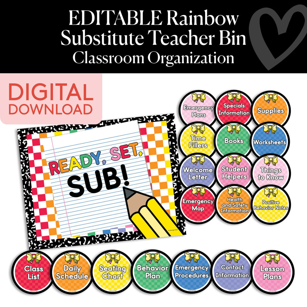 Printable Rainbow Editable Substitute Teacher Bin | School Days