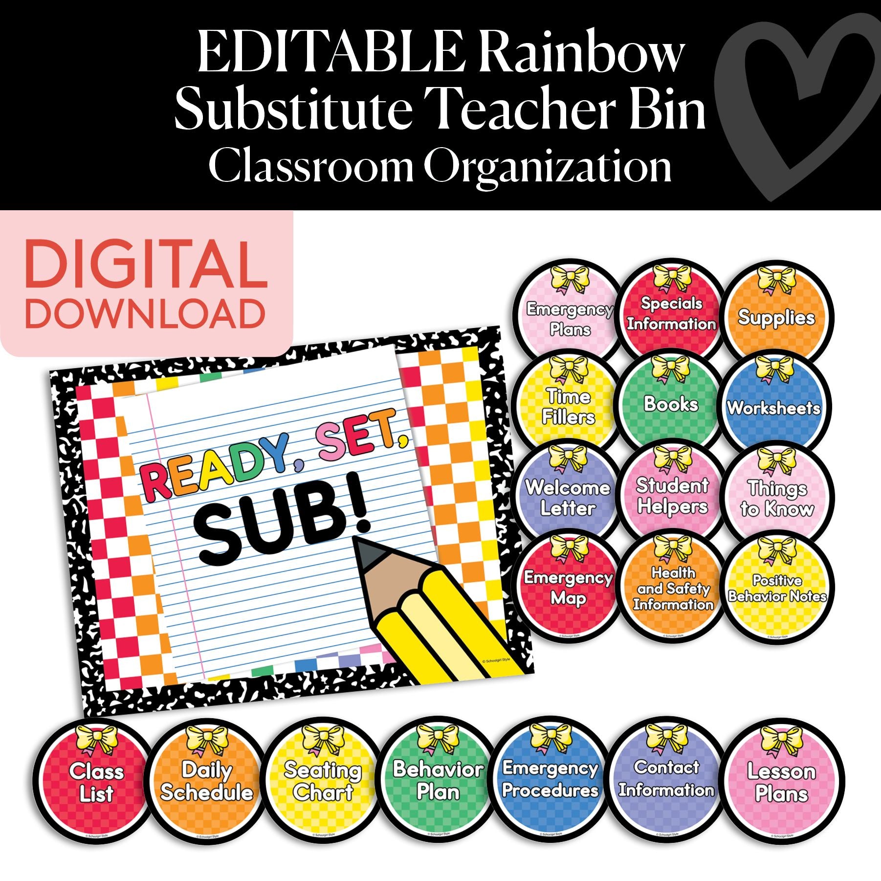 Printable Rainbow Editable Substitute Teacher Bin | School Days