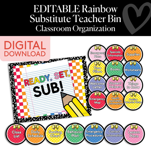 Printable Rainbow Editable Substitute Teacher Bin | School Days
