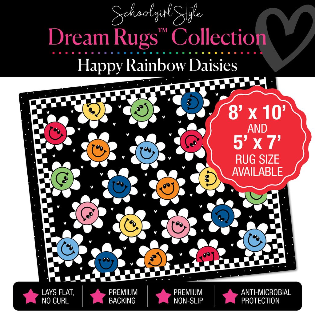 Happy Rainbow Daisies with Checkerboard Border Classroom Rug by Schoolgirl Style