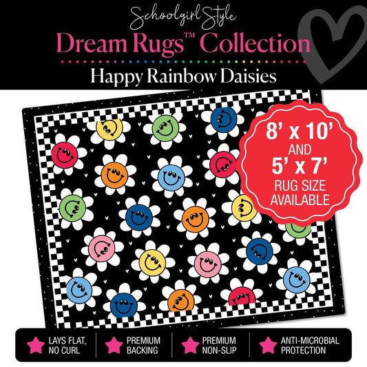 Happy Rainbow Daisies with Checkerboard Border Classroom Rug by Schoolgirl Style