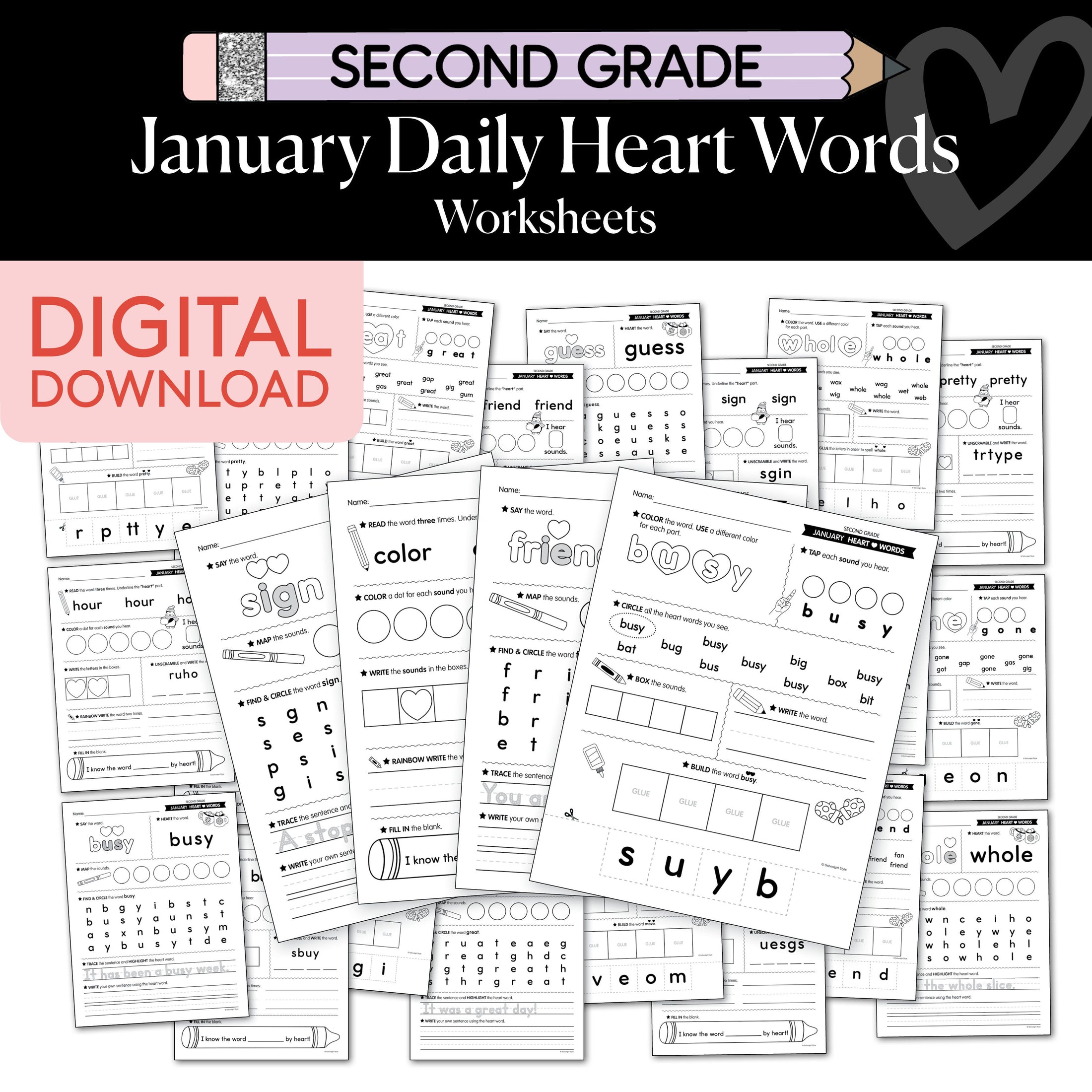 Printable Second Grade January Daily Heart Words