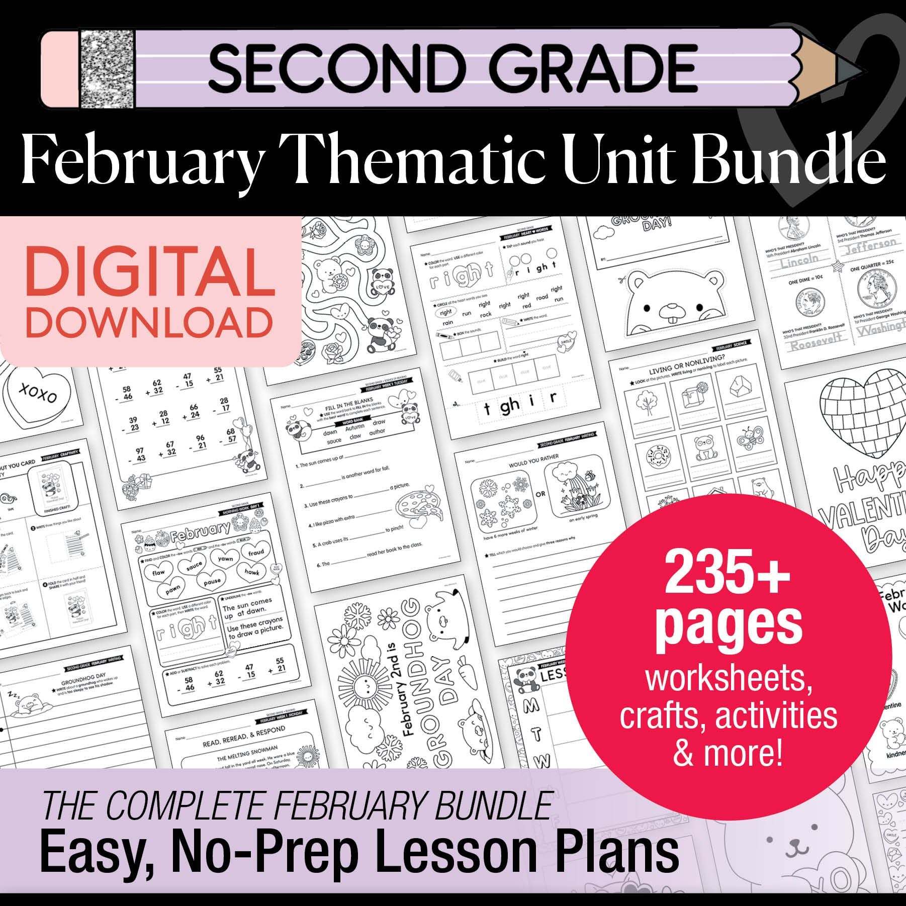 Printable Second Grade February Thematic Unit Bundle