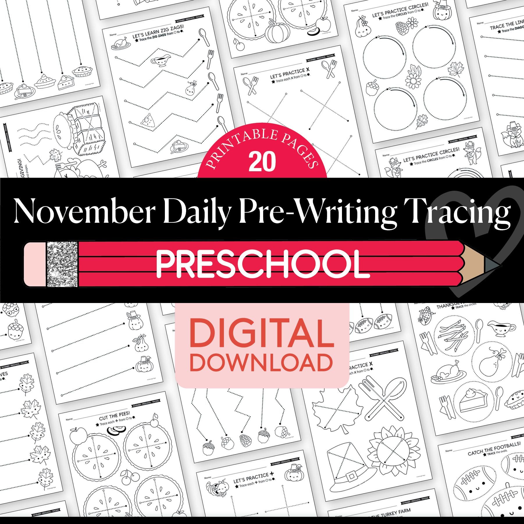 Printable Preschool November Daily Pre-Writing Tracing