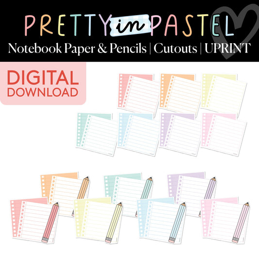 Printable Pastel Notebook Paper and Pencils Bulletin Board Cutouts | Pretty in Pastel