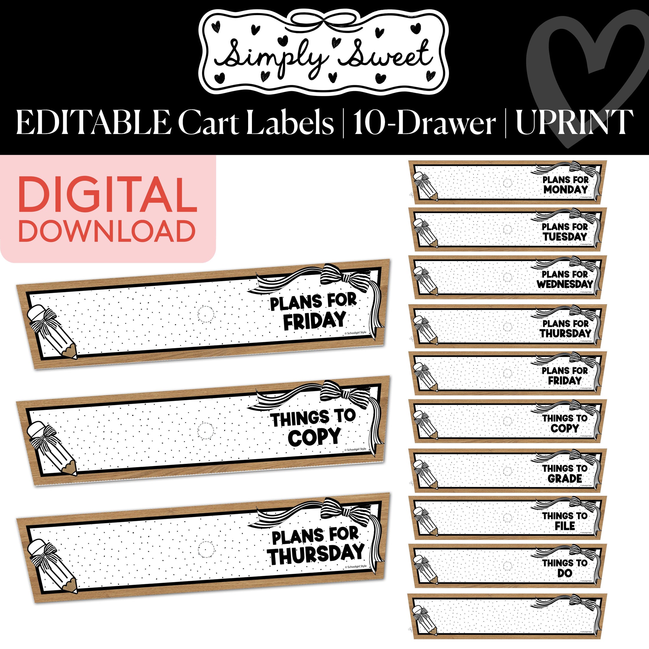 Printable Classic Black and White Editable 10 Drawer Cart Labels with Pencils | Simply Sweet
