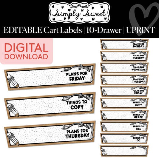 Printable Classic Black and White Editable 10 Drawer Cart Labels with Pencils | Simply Sweet