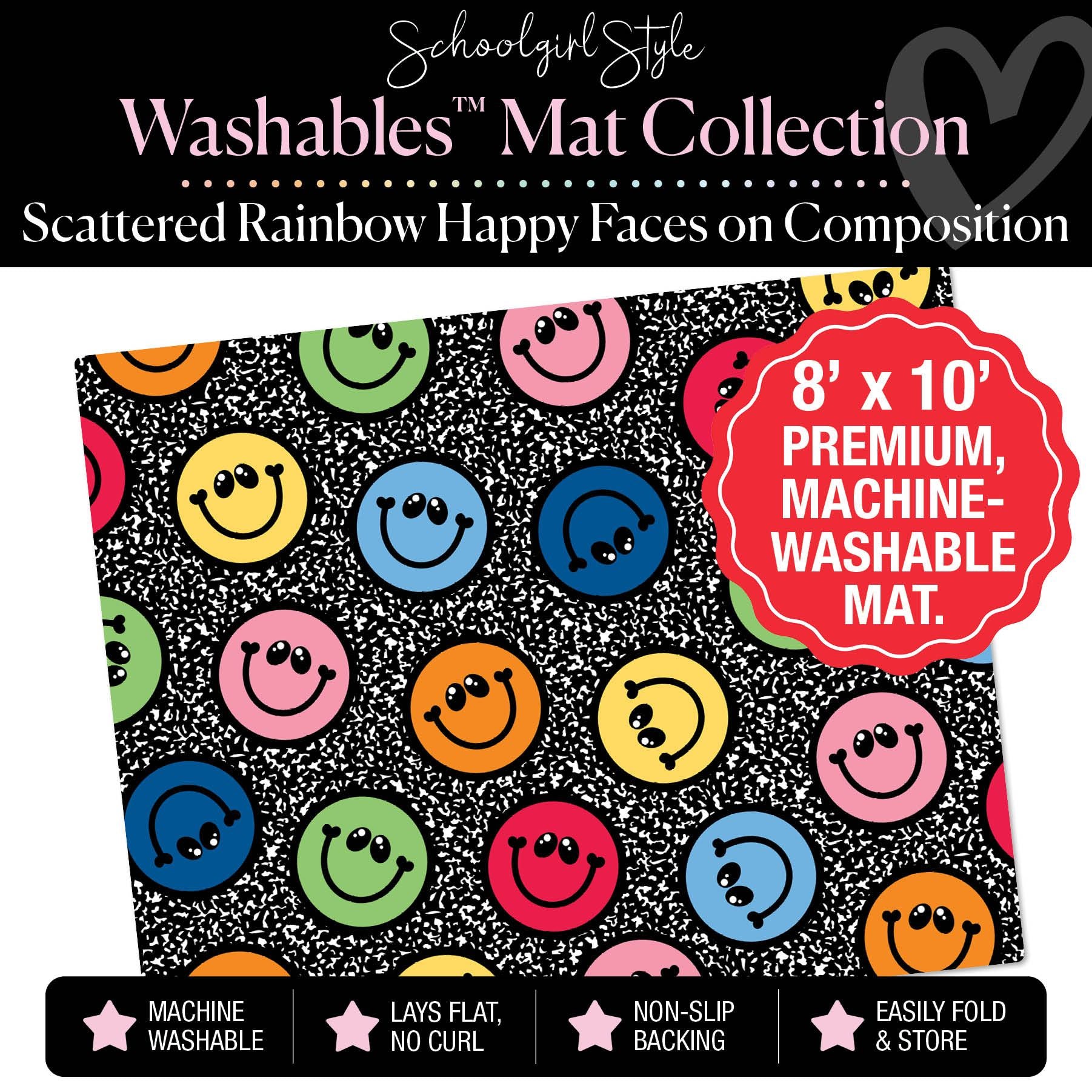 Scattered Rainbow Happy Faces on Composition Classroom Mat by Schoolgirl Style