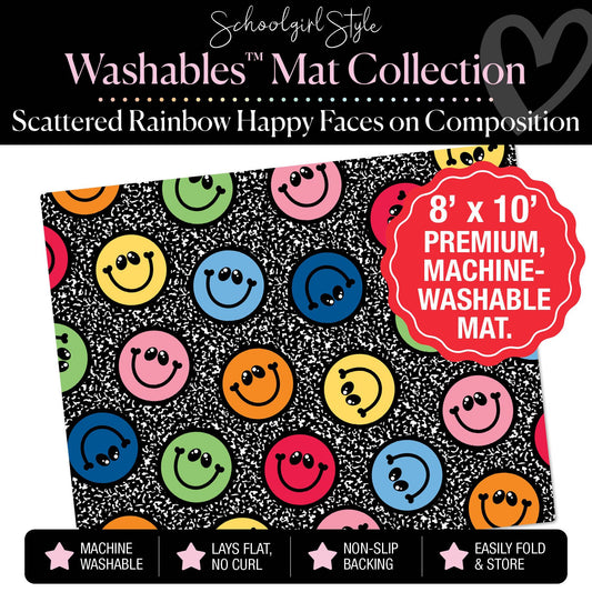 Scattered Rainbow Happy Faces on Composition Classroom Mat by Schoolgirl Style