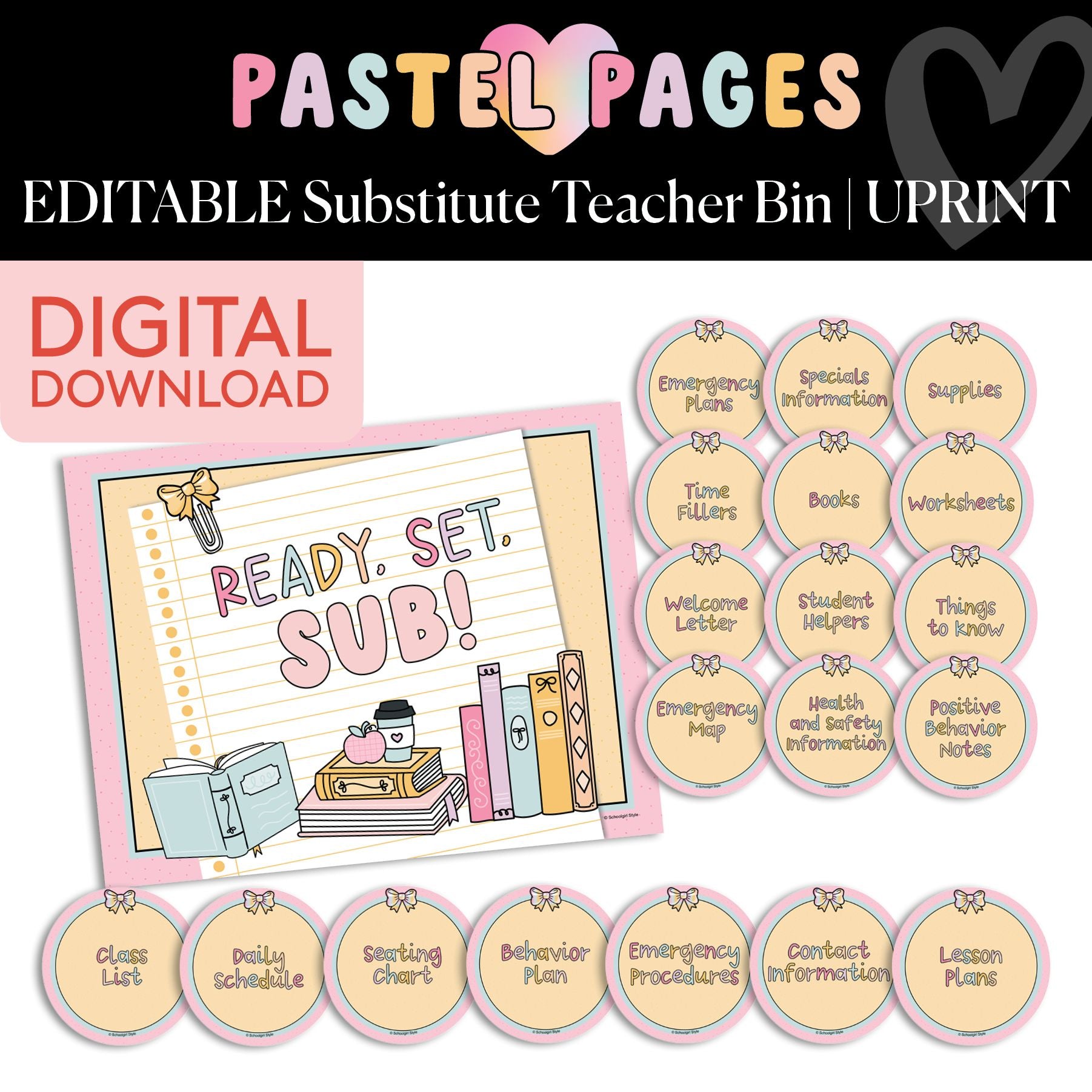 Printable Boho Pastel Editable Substitute Teacher Bin | Pastel Pages