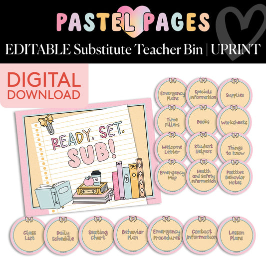 Printable Boho Pastel Editable Substitute Teacher Bin | Pastel Pages