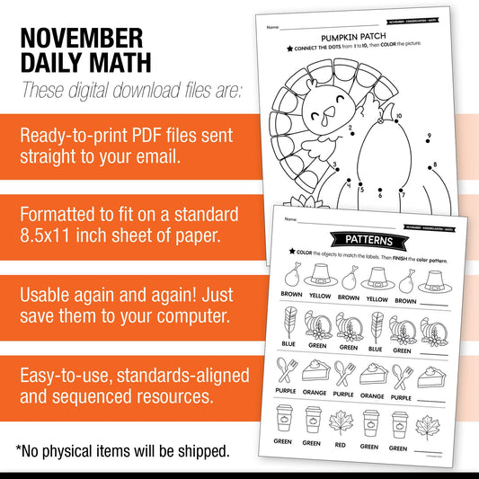 Printable Kindergarten November Daily Math